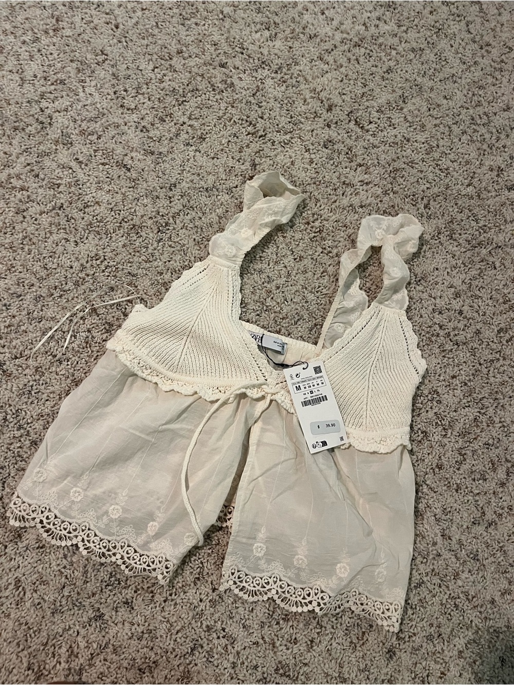 Zara Cream Lace-Trim Chemise Top